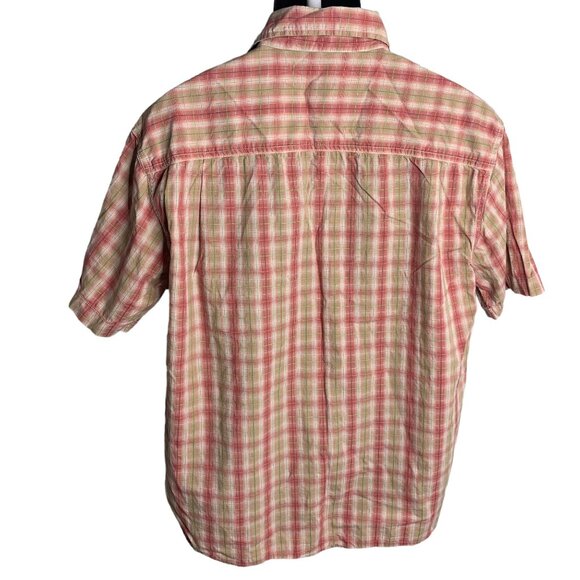 Aigle Button Up Short Sleeve Shirt L Pink Plaid Chest Pocket Collared Cotton - Picture 4 of 6